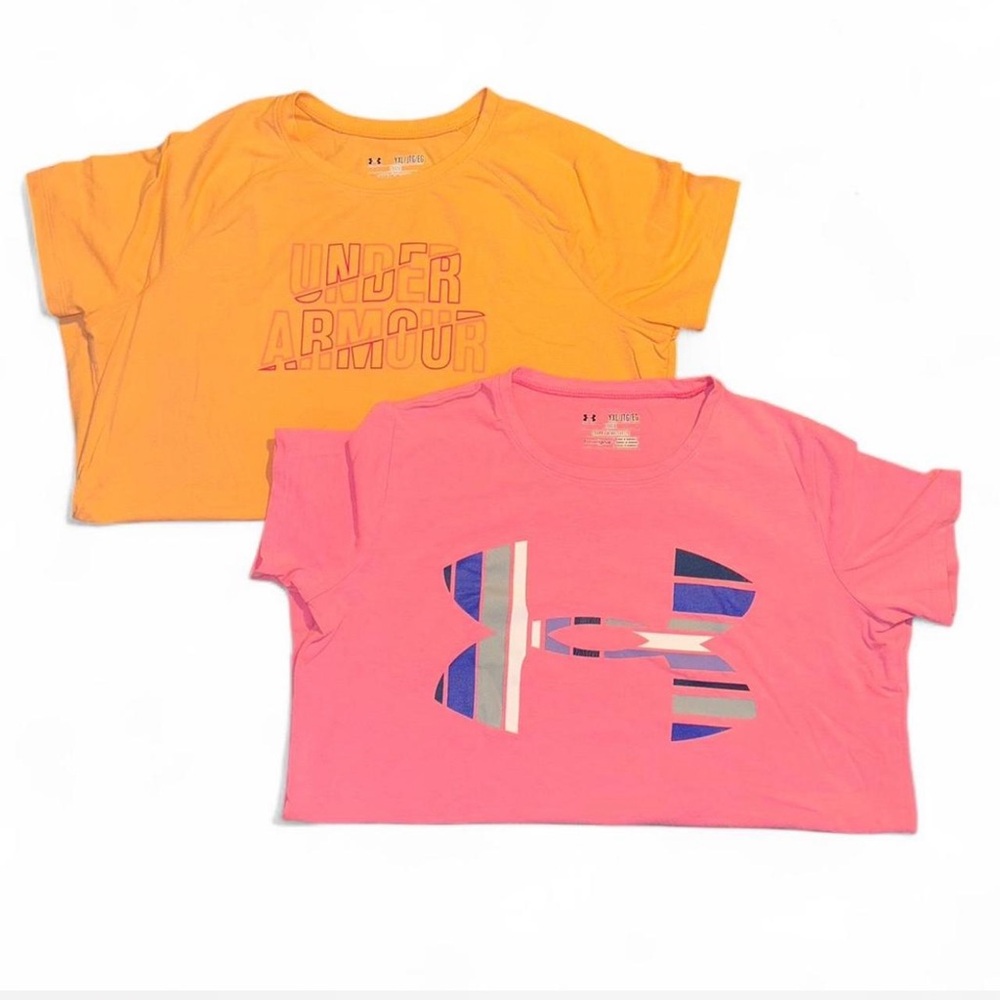 A pair of girl’s under armour shirts - pink and peach - size XL - loose fit